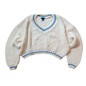 PrettyLittleThing Chunky Knit Cropped V-Neck Sweater Cream Made in UK Size M EUC